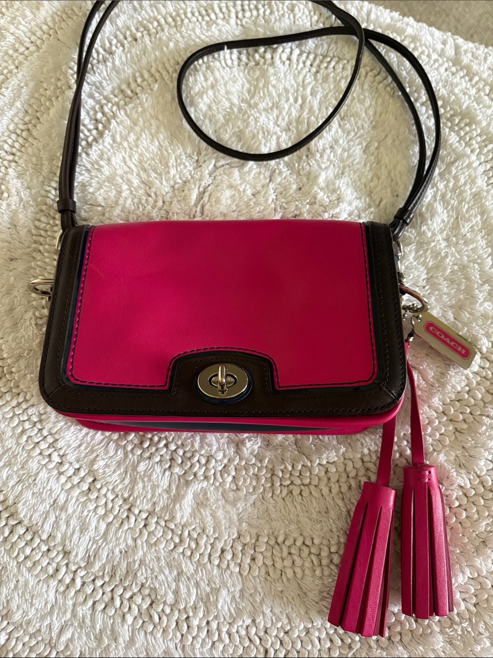 Coach Hot Pink and Navy Leather Crossbody with Dark Brown Trim and Tassels